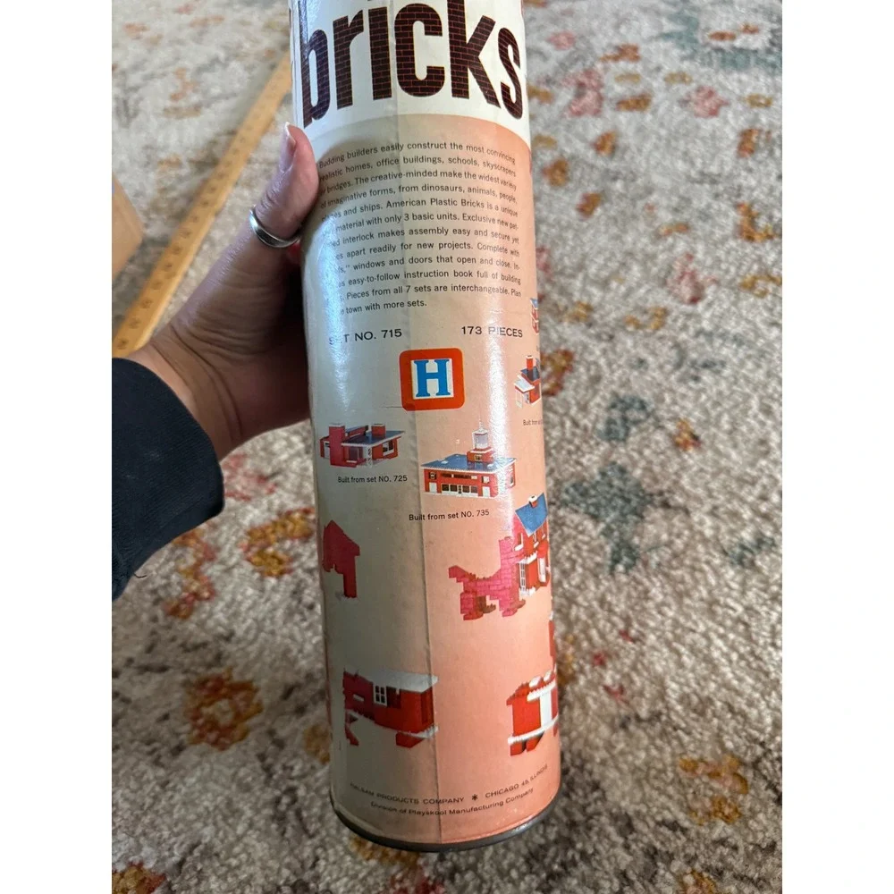Vintage American Plastic Bricks Set 715 Halsam Playskool Construction Toy Tube
